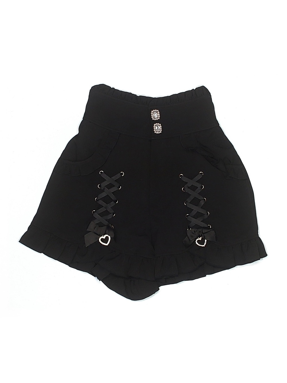 LIZ LISA Black Ruffle Lace-Up Shorts with Bows Heart Charms